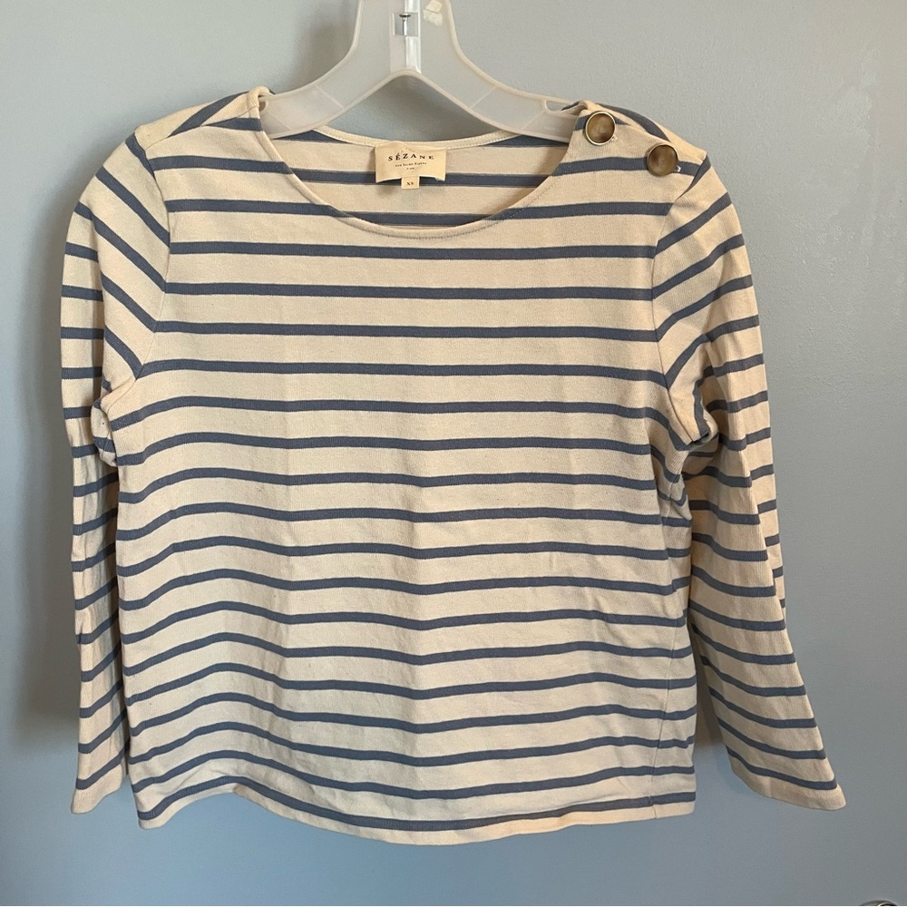 Sezane Colette Mariniere Cream and Blue Striped Long Sleeve Top